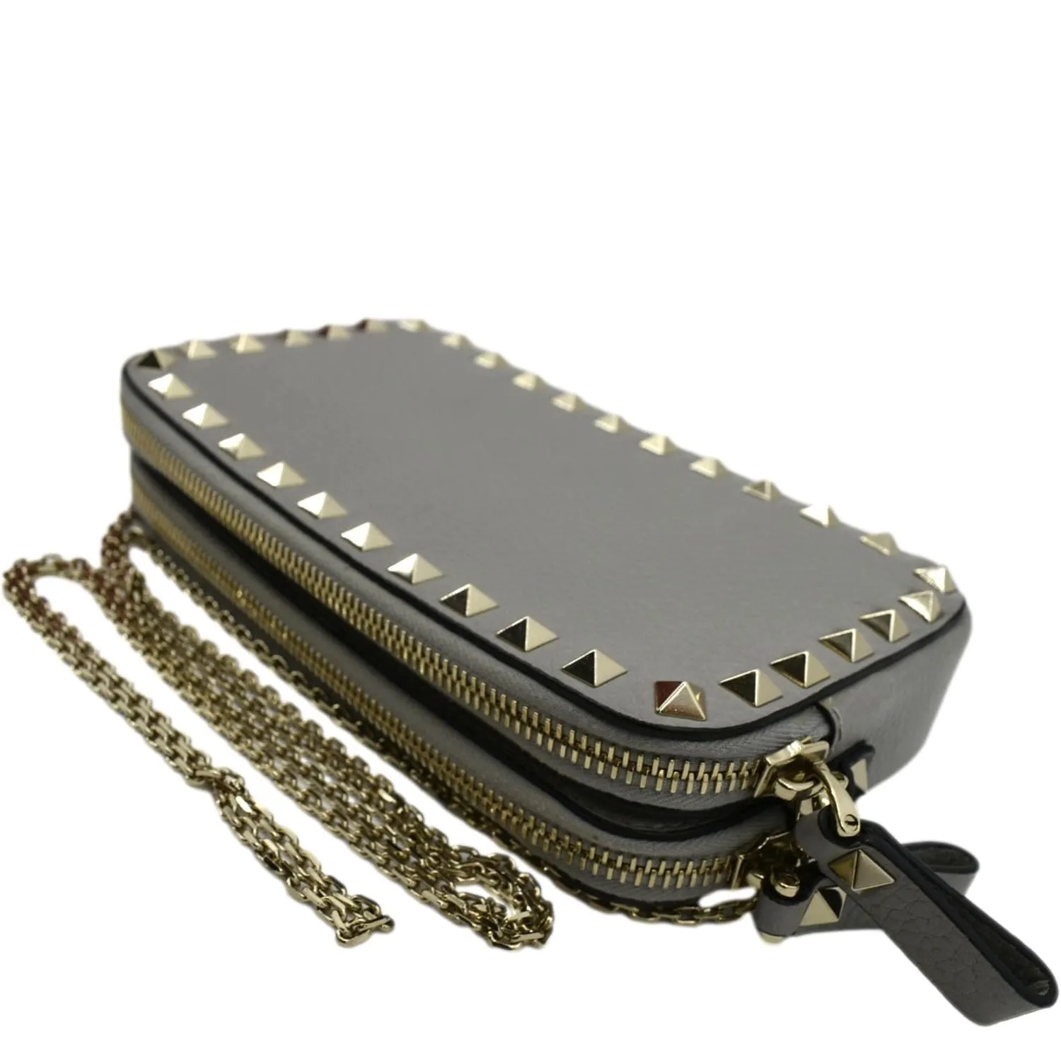 VALENTINO Double Zip Rockstud Leather Chain Crossbody Bag Grey