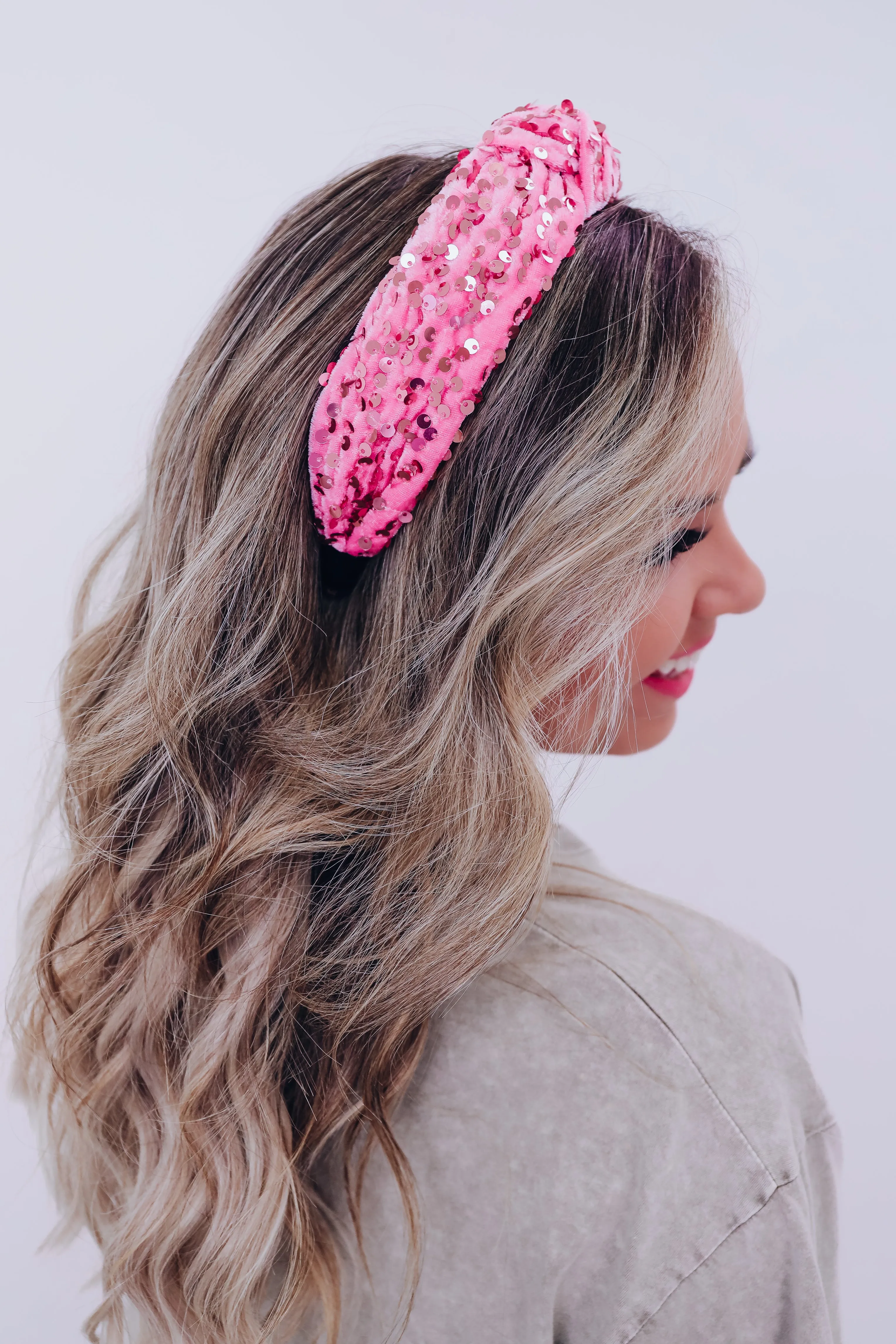 Velvety Sequin Knotted Headband - Pink