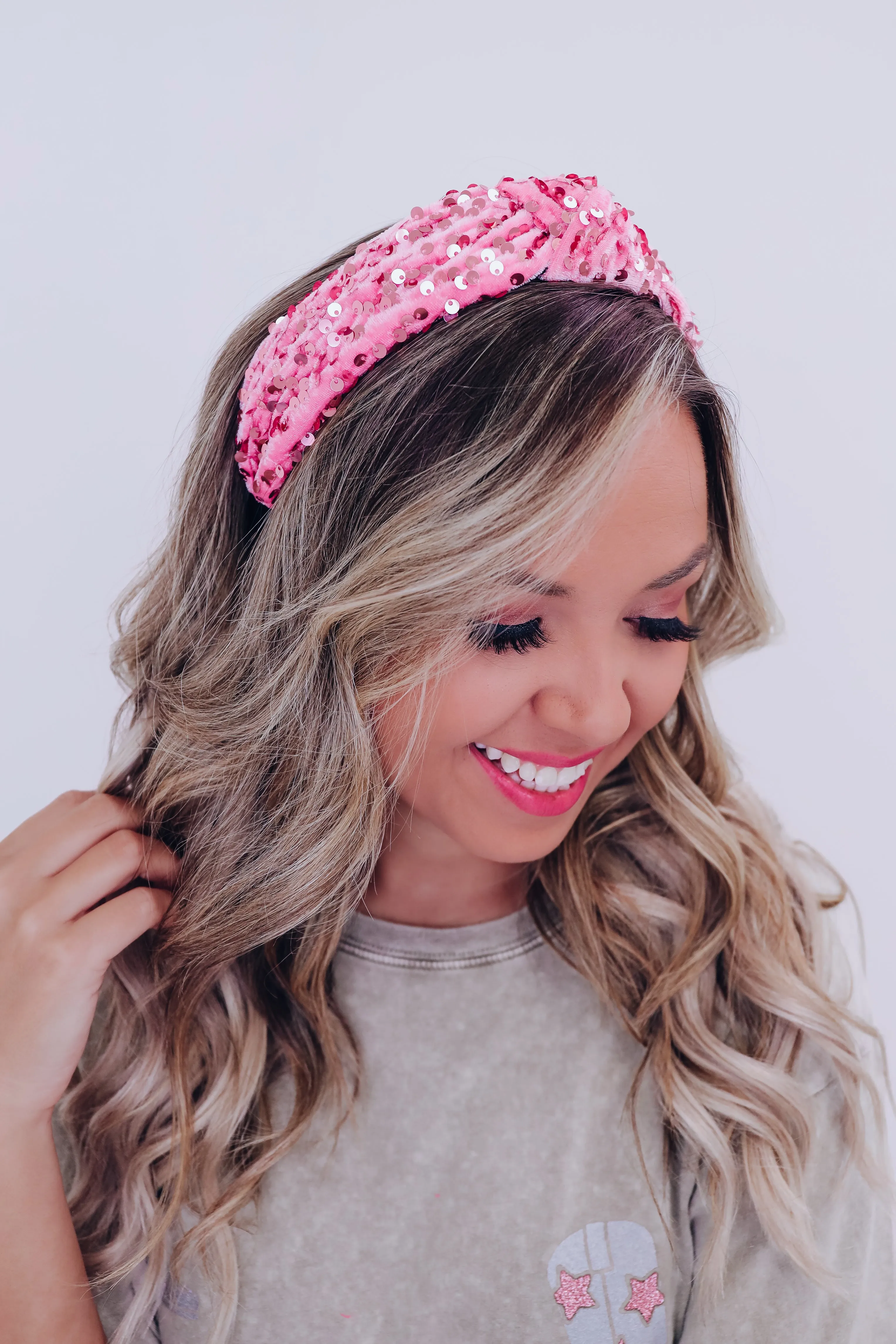 Velvety Sequin Knotted Headband - Pink