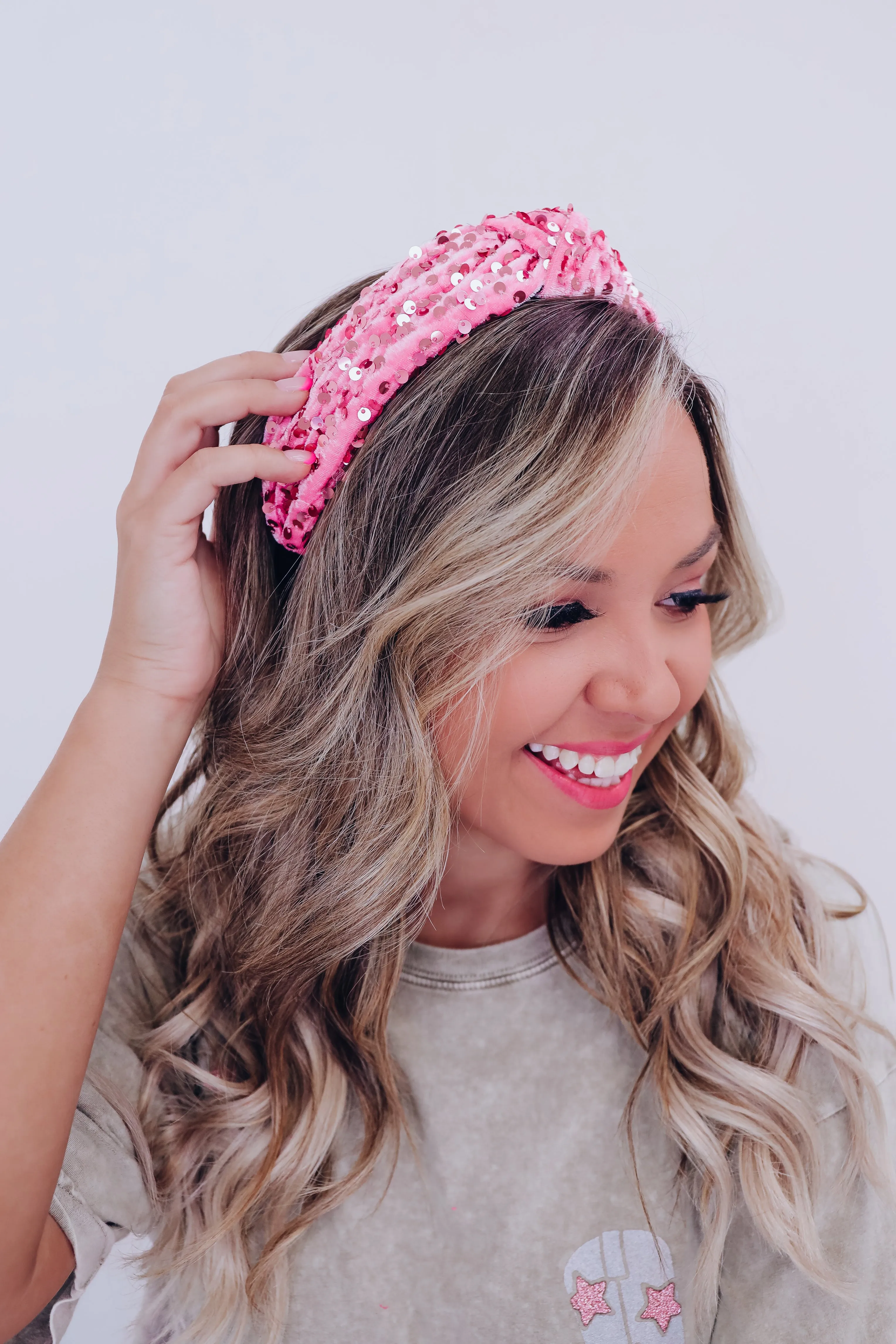 Velvety Sequin Knotted Headband - Pink