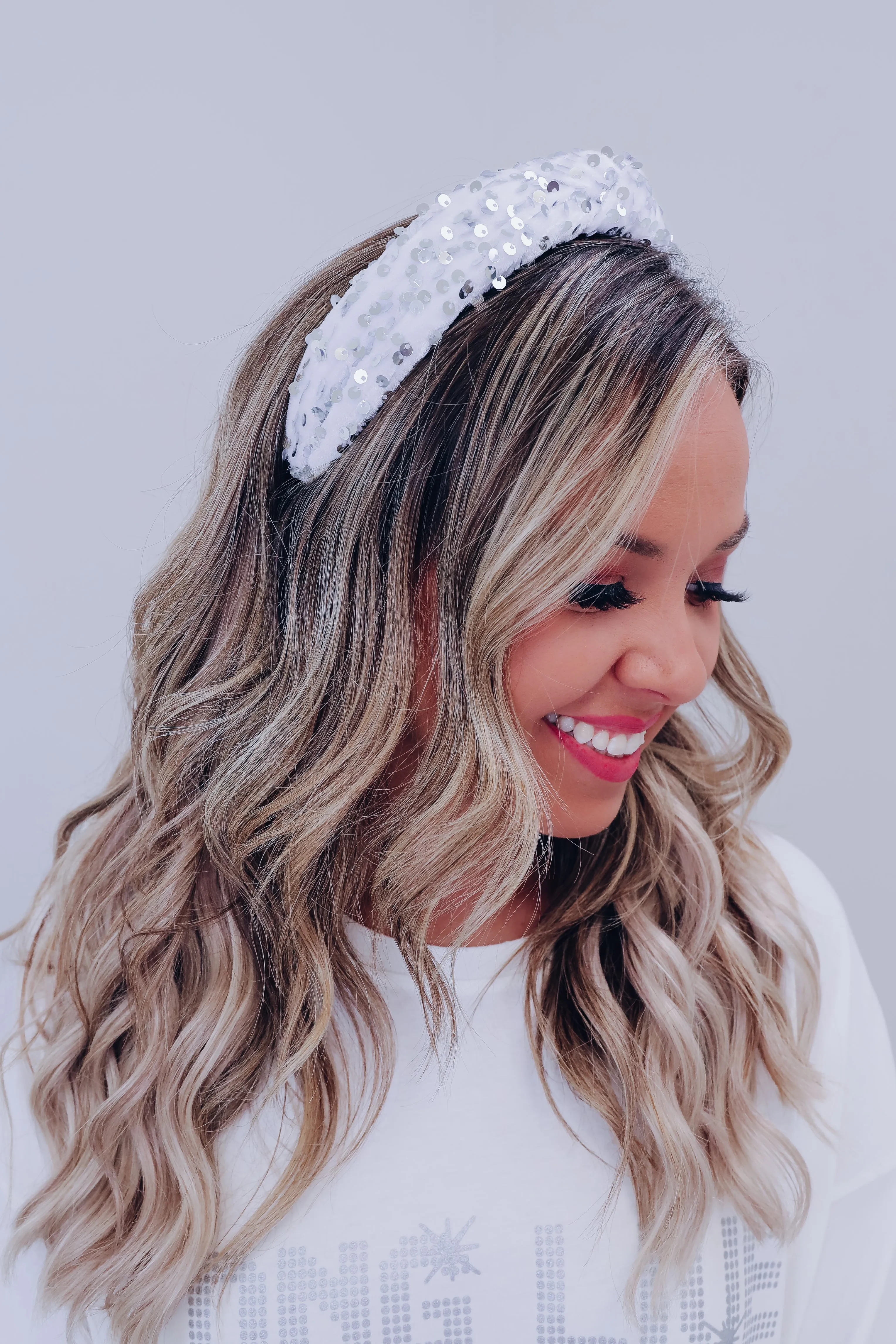 Velvety Sequin Knotted Headband - White
