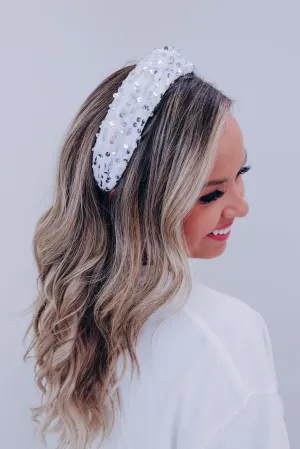 Velvety Sequin Knotted Headband - White