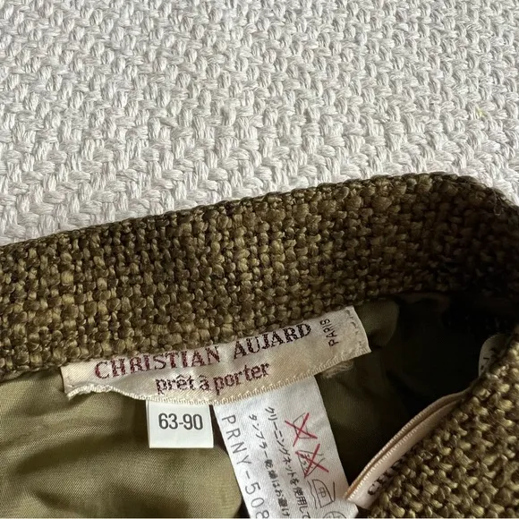 Vintage Christian Aujard Paris Woven Tweed Olive Green Midi Skirt