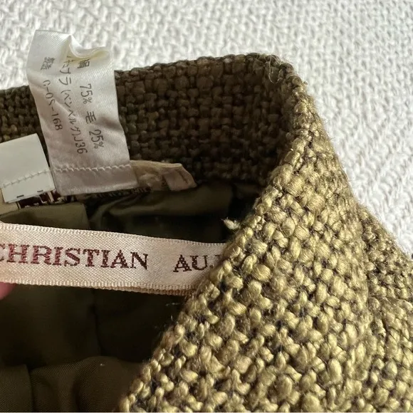 Vintage Christian Aujard Paris Woven Tweed Olive Green Midi Skirt