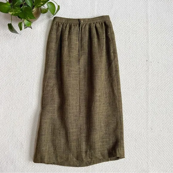 Vintage Christian Aujard Paris Woven Tweed Olive Green Midi Skirt