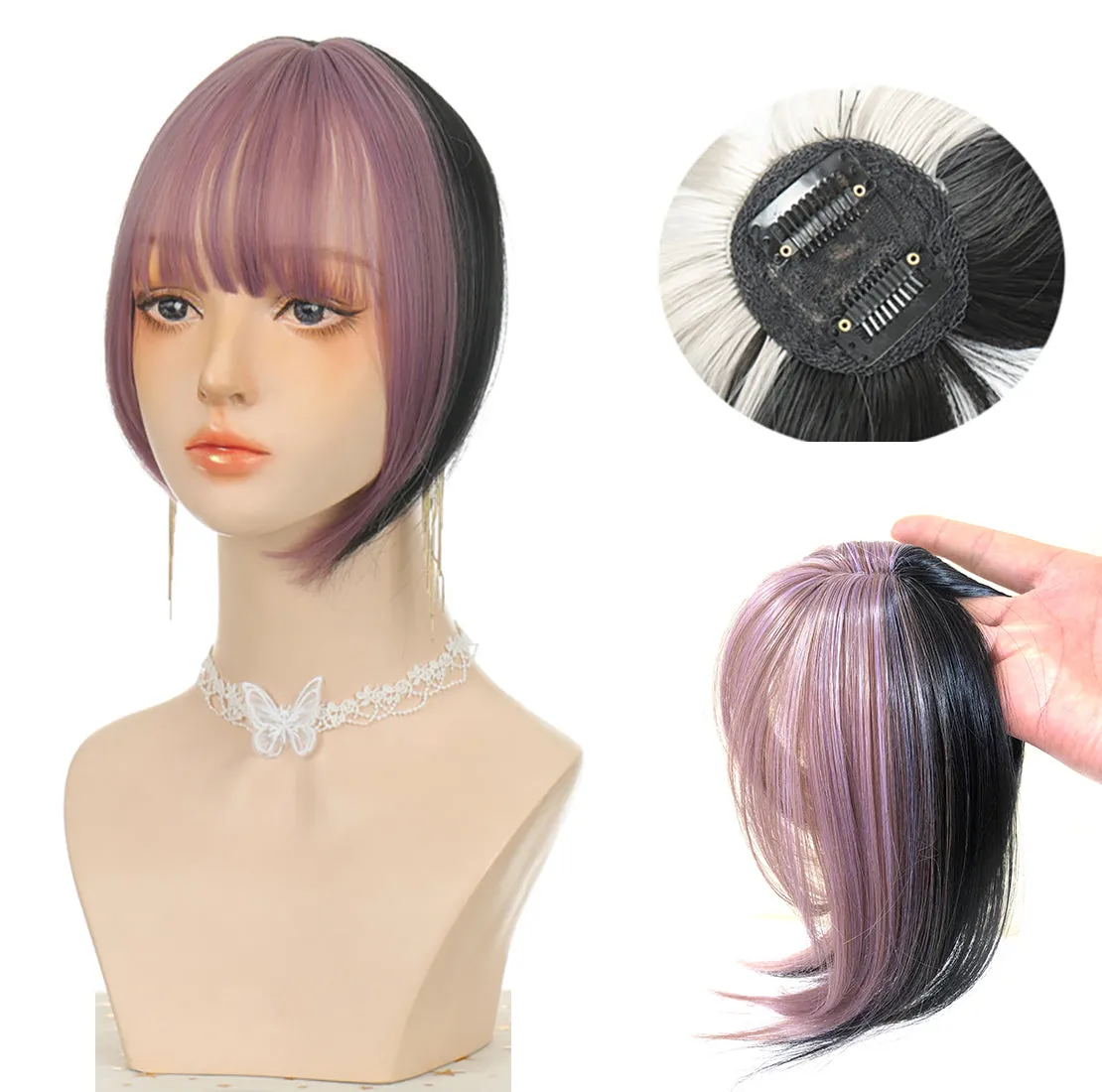 viviaBella Clip in Bangs Straight mixed colour Fringe Hair Patch Synthetic Topper Cover Hairpieces with Bangs for Women Girls One Piece Bangs with Temples