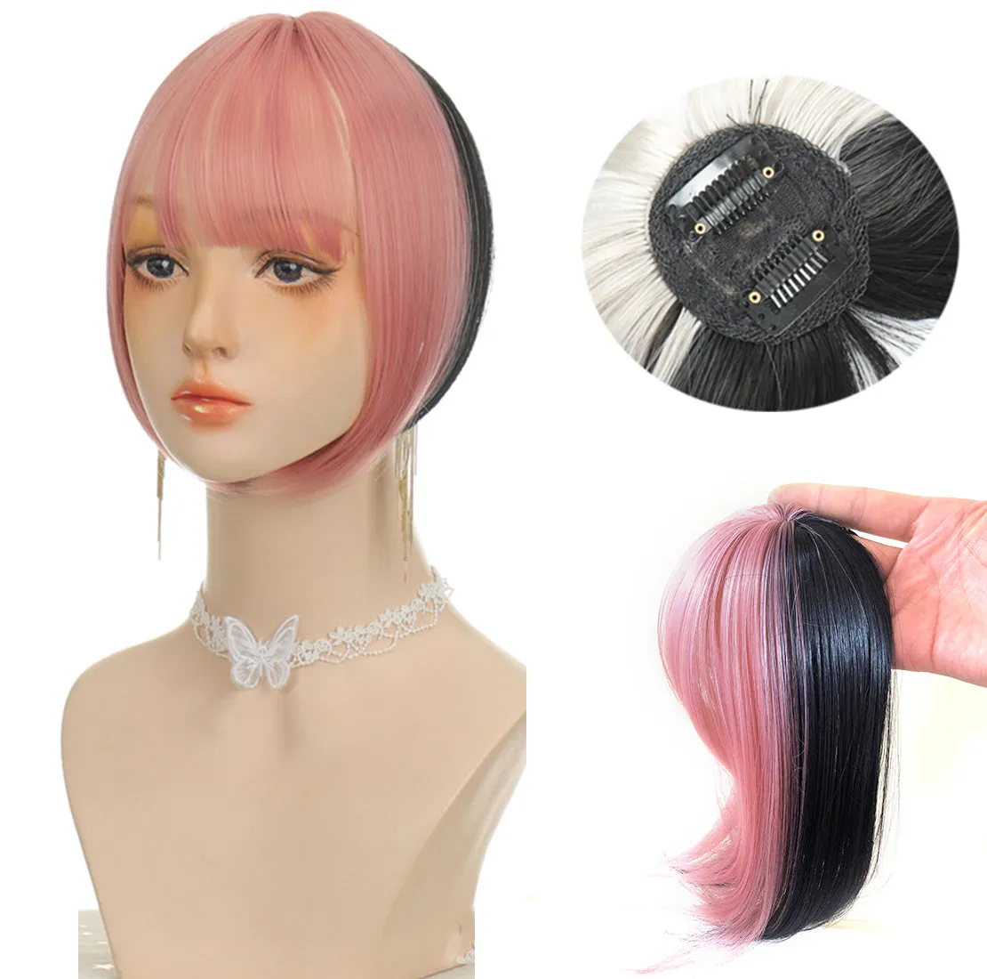 viviaBella Clip in Bangs Straight mixed colour Fringe Hair Patch Synthetic Topper Cover Hairpieces with Bangs for Women Girls One Piece Bangs with Temples