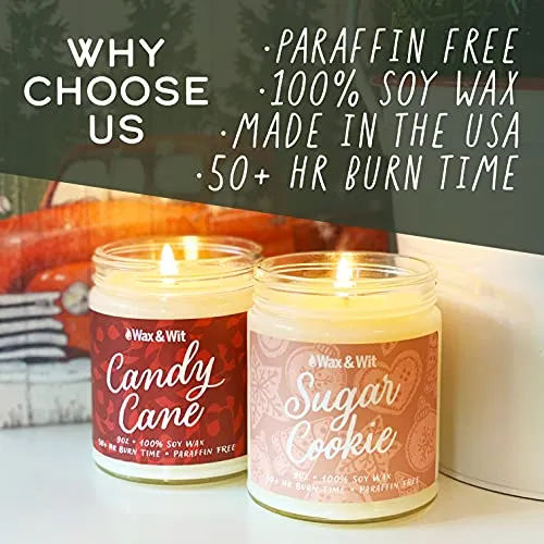 Wax & Wit Christmas Decor - Candy Cane Candle - Sugar Cookie Candle - Candle Gift Set - Christmas Candles 9oz (2 Pack)