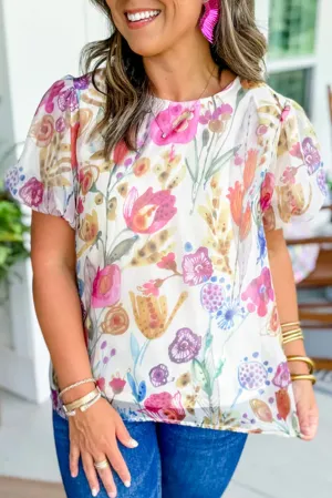 White Floral Bubble Sleeve Knotted Back Blouse