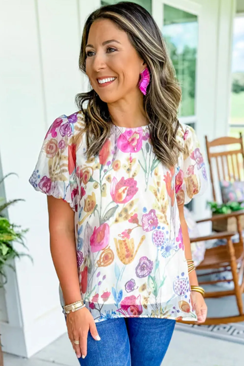 White Floral Bubble Sleeve Knotted Back Blouse