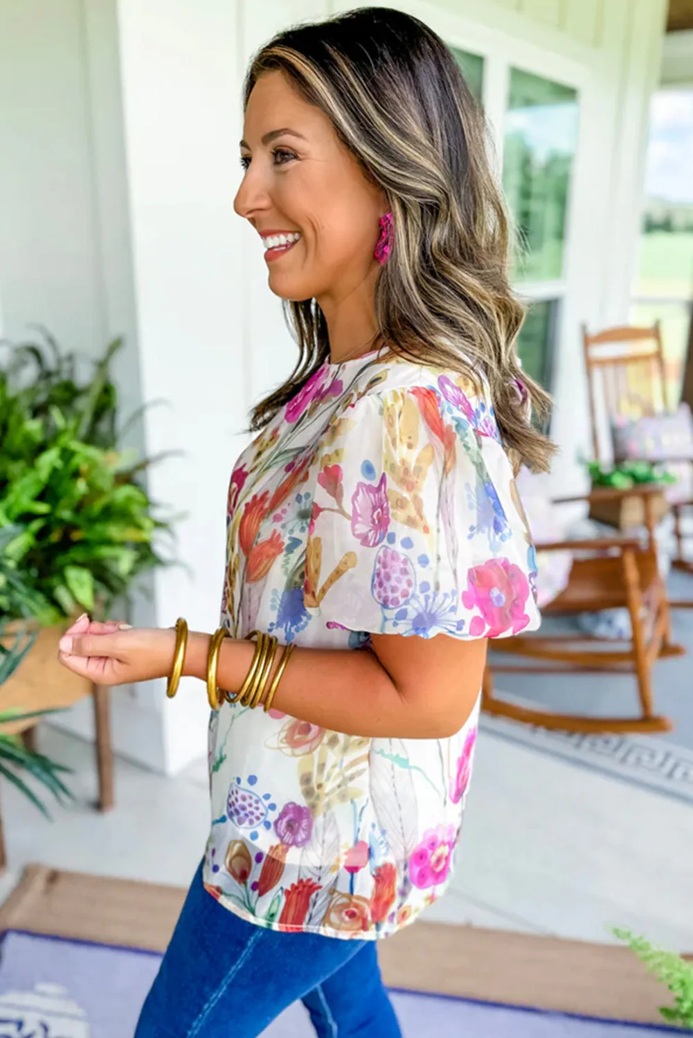 White Floral Bubble Sleeve Knotted Back Blouse