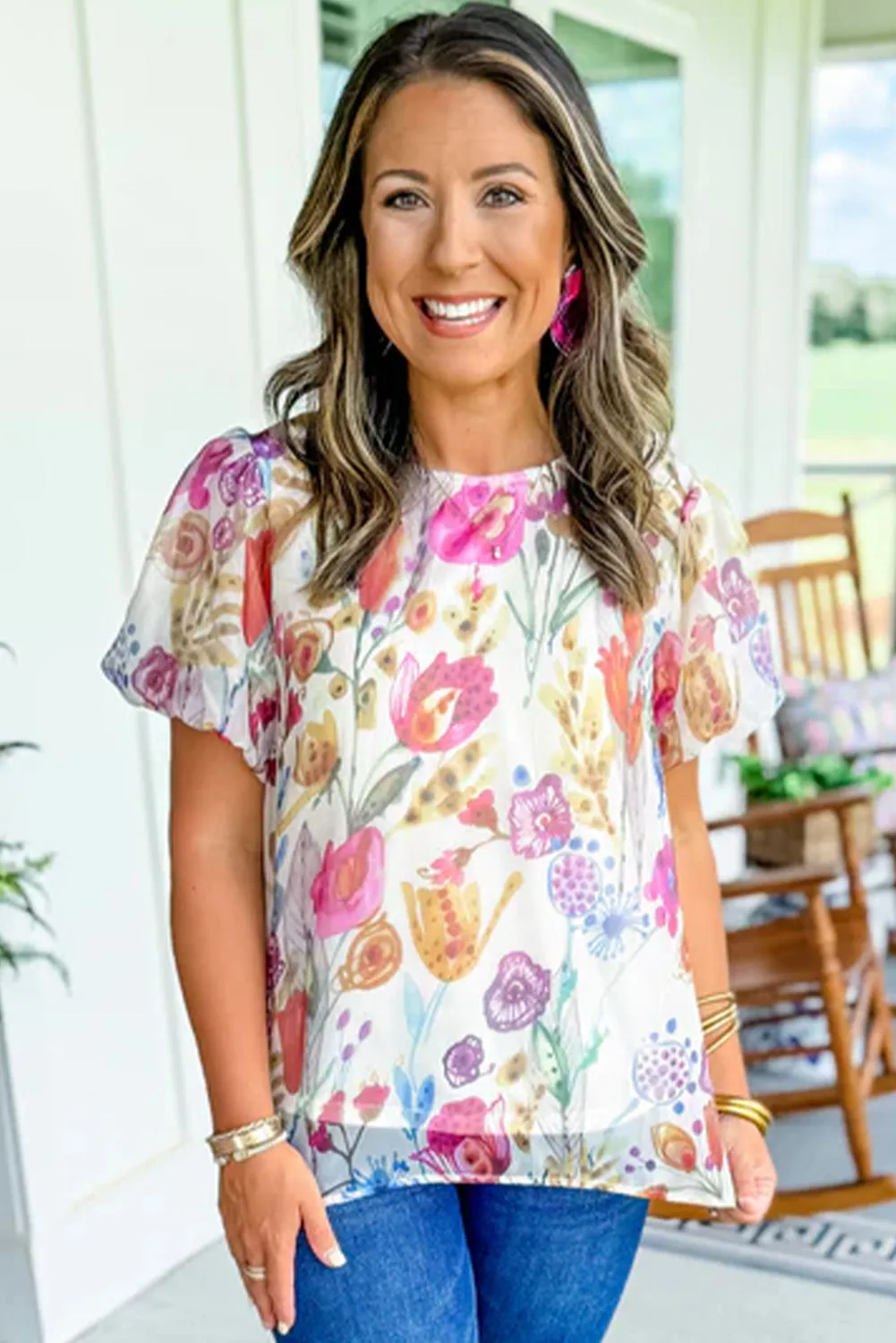 White Floral Bubble Sleeve Knotted Back Blouse