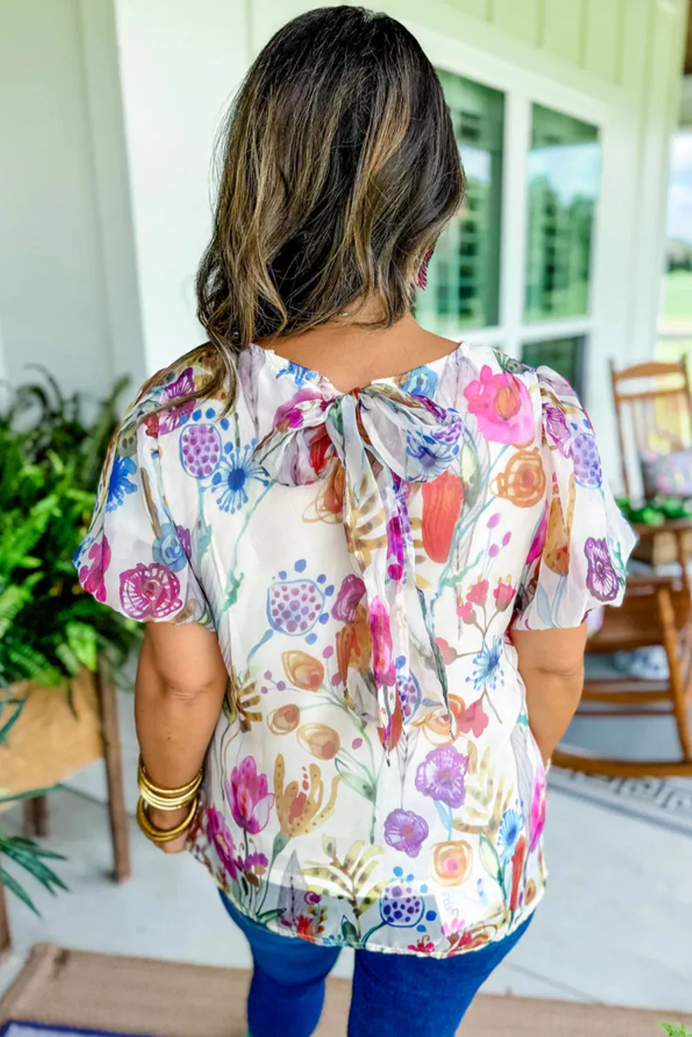 White Floral Bubble Sleeve Knotted Back Blouse