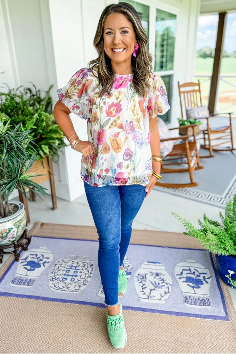 White Floral Bubble Sleeve Knotted Back Blouse