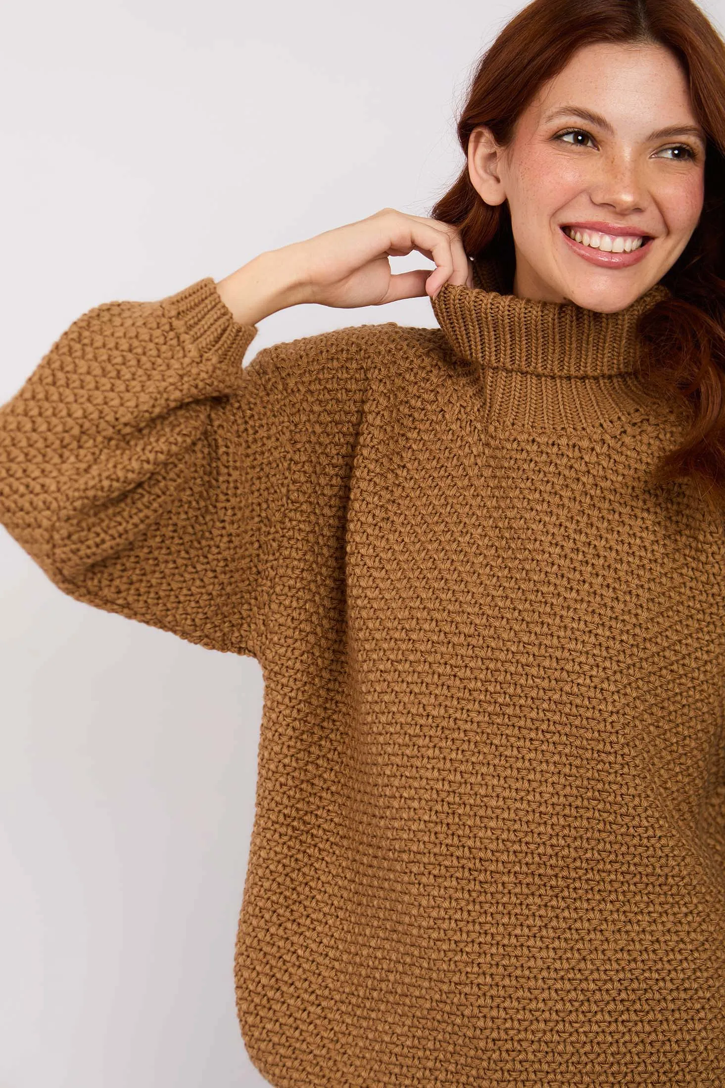 Women High Neck Knotted Pullover Beige