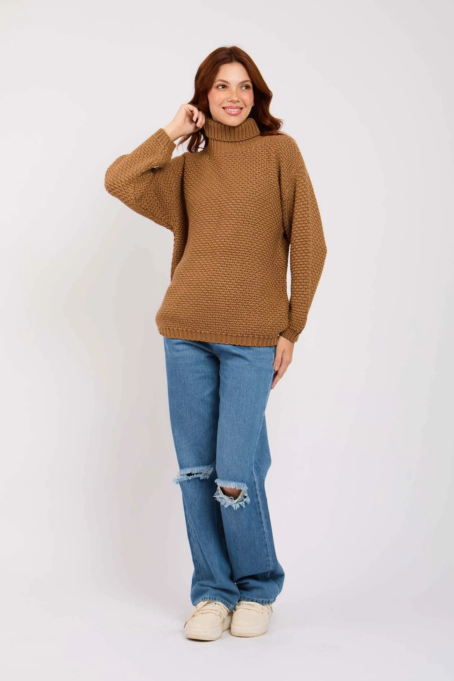 Women High Neck Knotted Pullover Beige