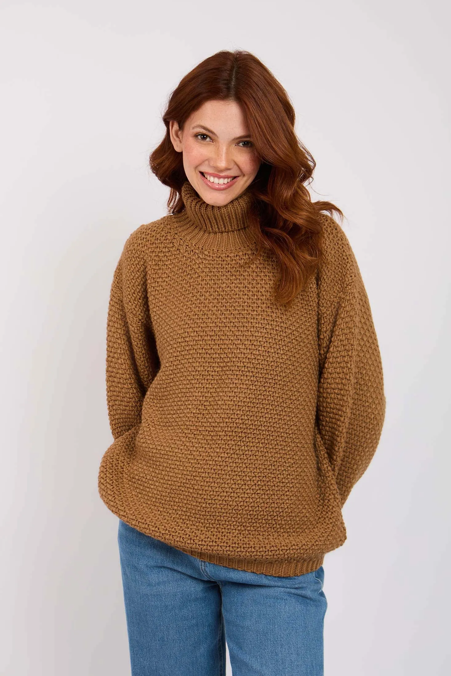 Women High Neck Knotted Pullover Beige