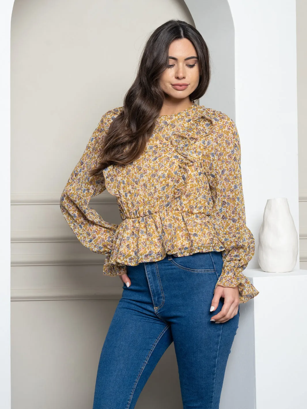 WOMEN'S LONG SLEEVE FLORAL WOVEN TOP