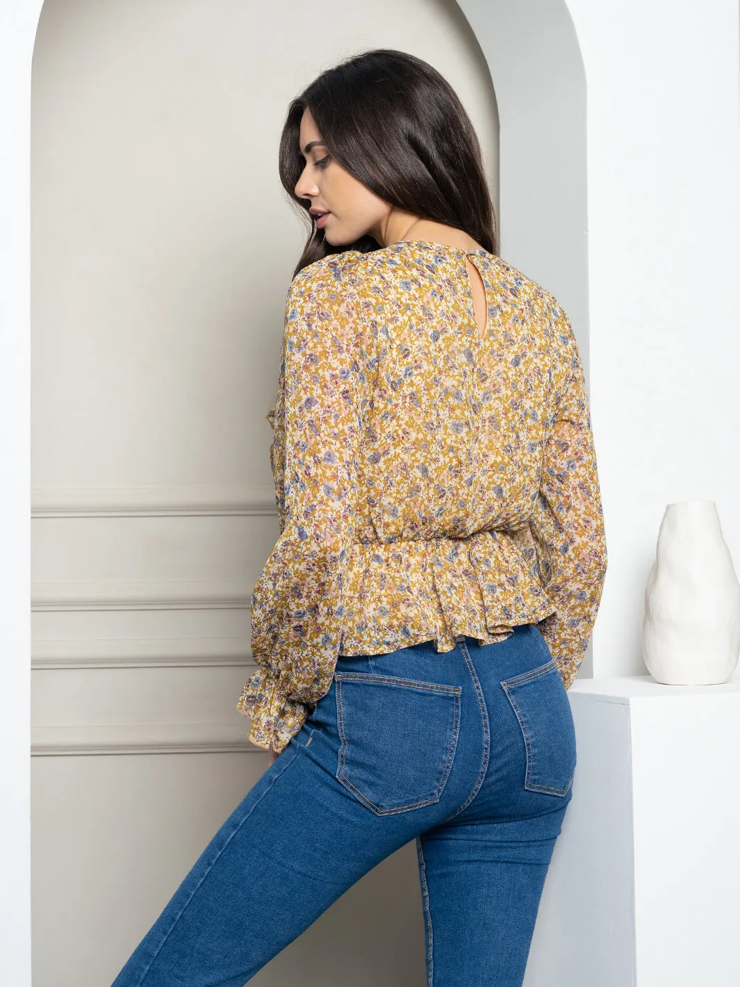WOMEN'S LONG SLEEVE FLORAL WOVEN TOP