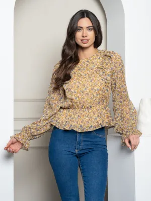 WOMEN'S LONG SLEEVE FLORAL WOVEN TOP