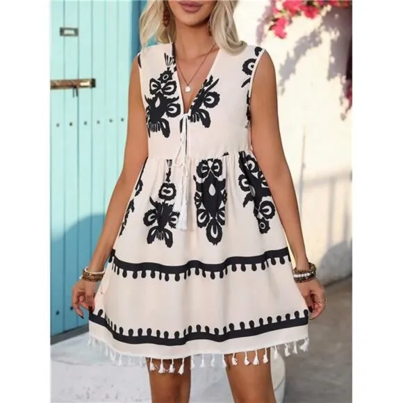 Women's Print Lace Hemline Sleeveless Dress