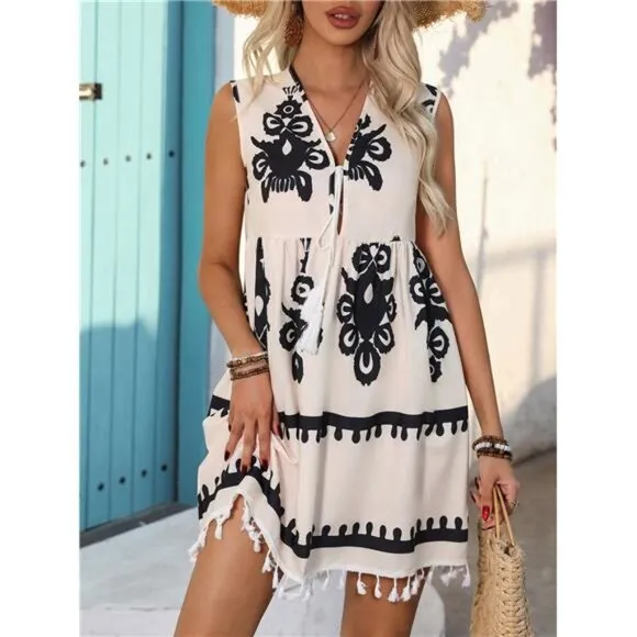 Women's Print Lace Hemline Sleeveless Dress