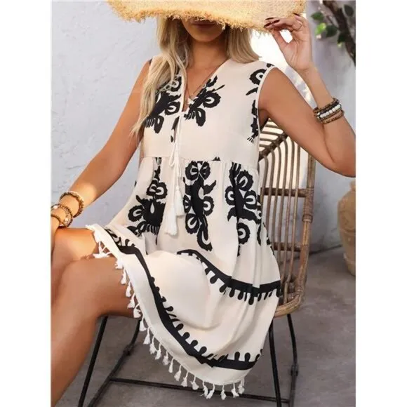 Women's Print Lace Hemline Sleeveless Dress