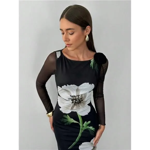 Women's Romantic Floral Printed Mermaid Long Sleeve Maxi Dress Photoshoot Dress