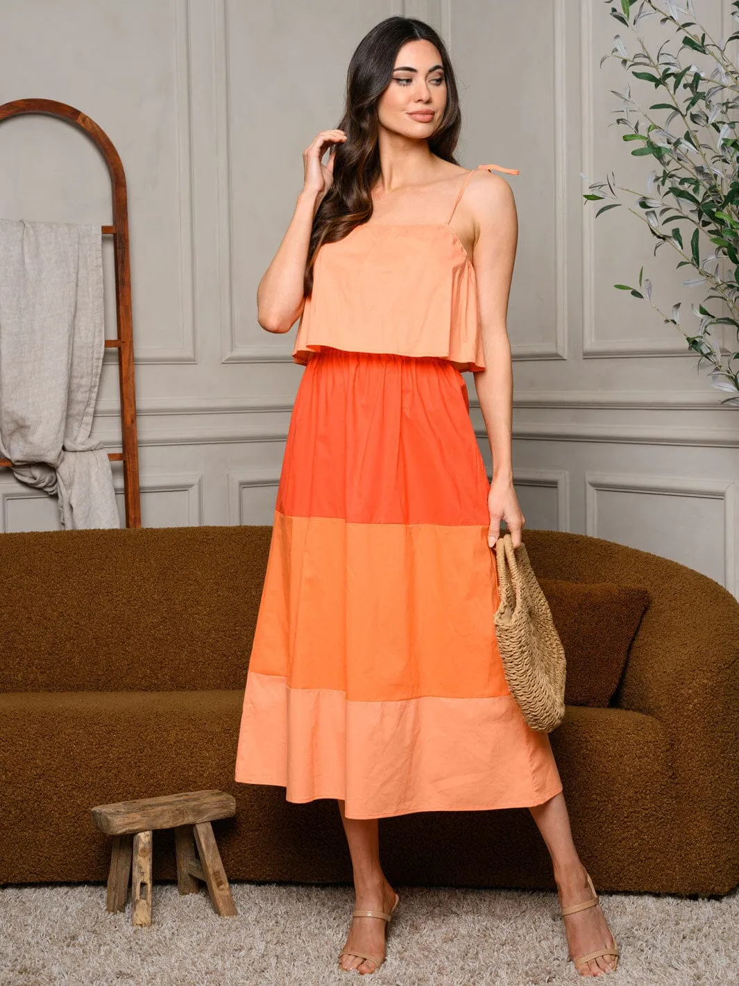 WOMEN'S SLEEVELESS COLORBLOCK TIERED MIDI DRESS