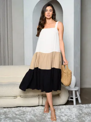 WOMEN'S SLEEVELESS TIERED POCKETS COLORBLOCK MIDI DRESS