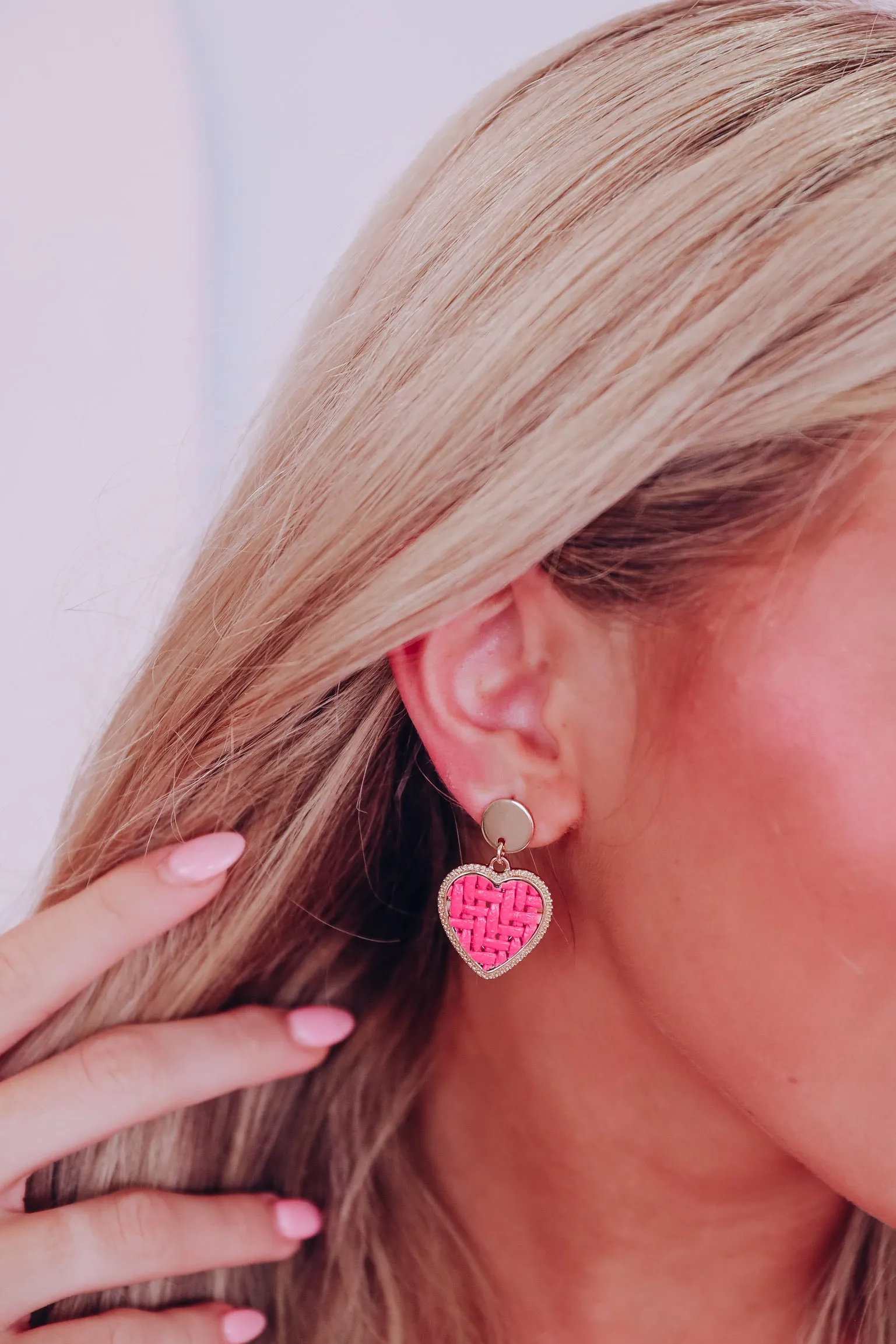 Woven Heart Drop Earrings - Pink