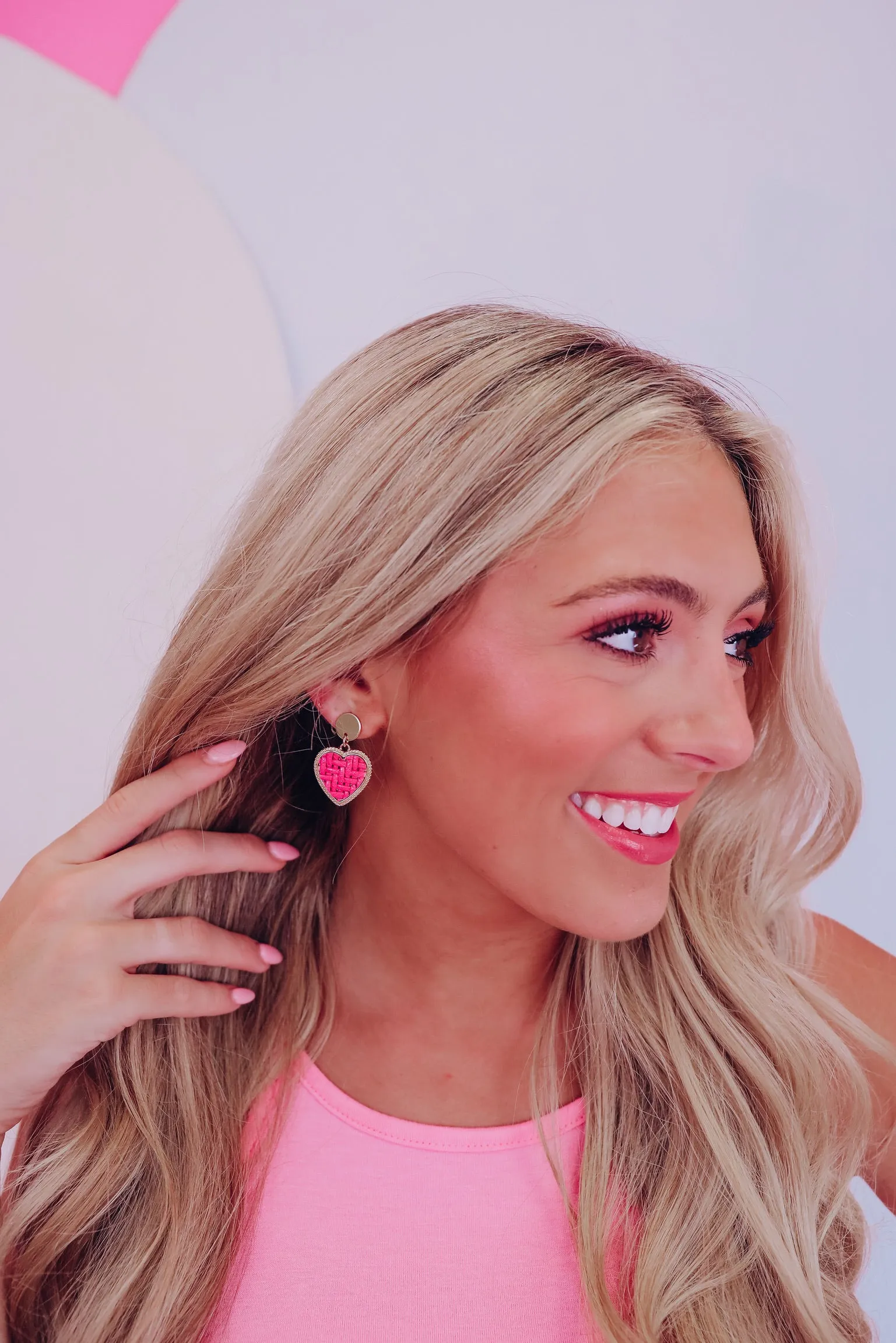 Woven Heart Drop Earrings - Pink
