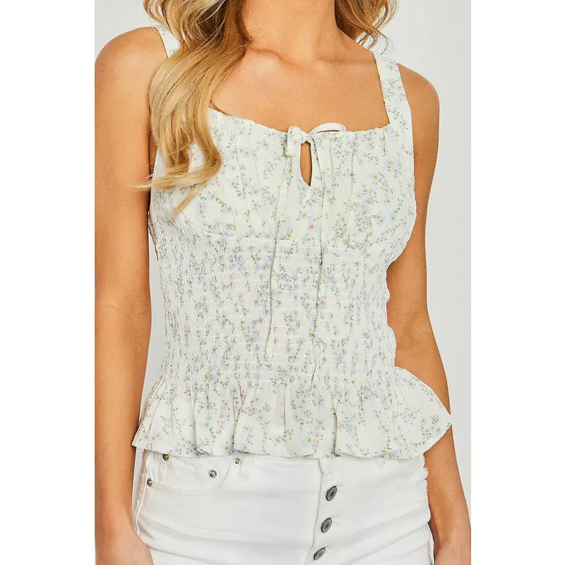 Woven Print Smocked Sleeveless Top