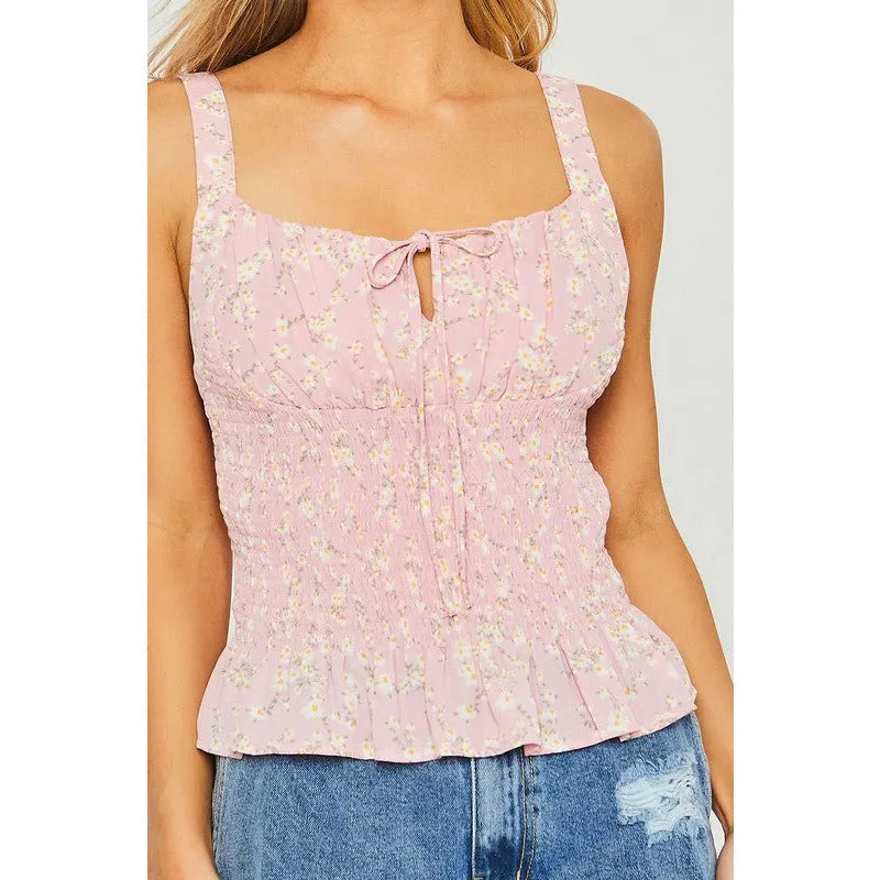 Woven Print Smocked Sleeveless Top