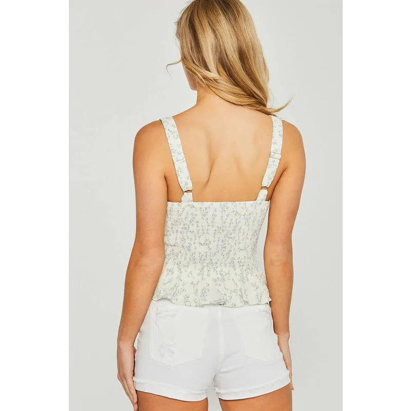 Woven Print Smocked Sleeveless Top