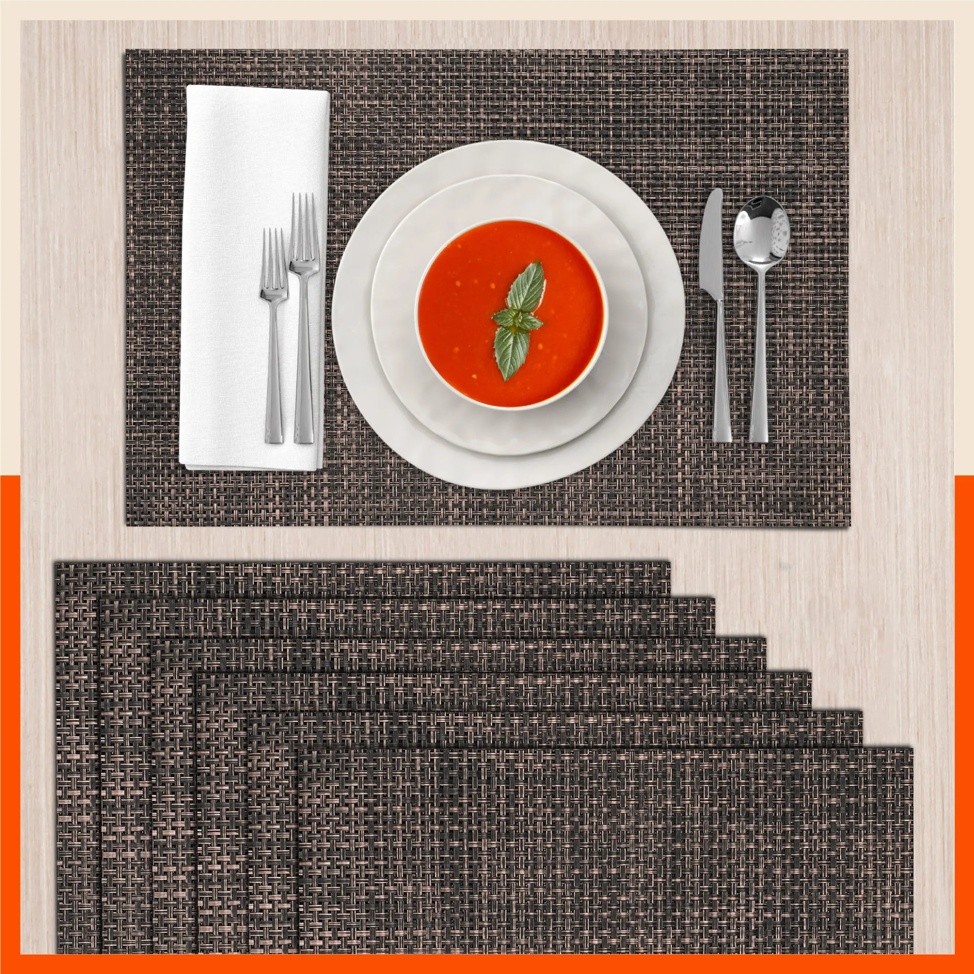 Woven PVC Table Mats / Placemats for Dining Table at Home (Sera - Set of 6)