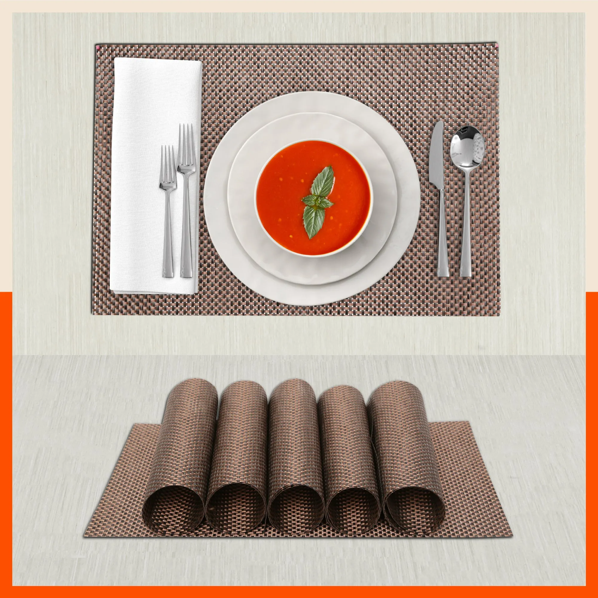 Woven PVC Table Mats / Placemats for Dining Table at Home (Soho -Set of 6)