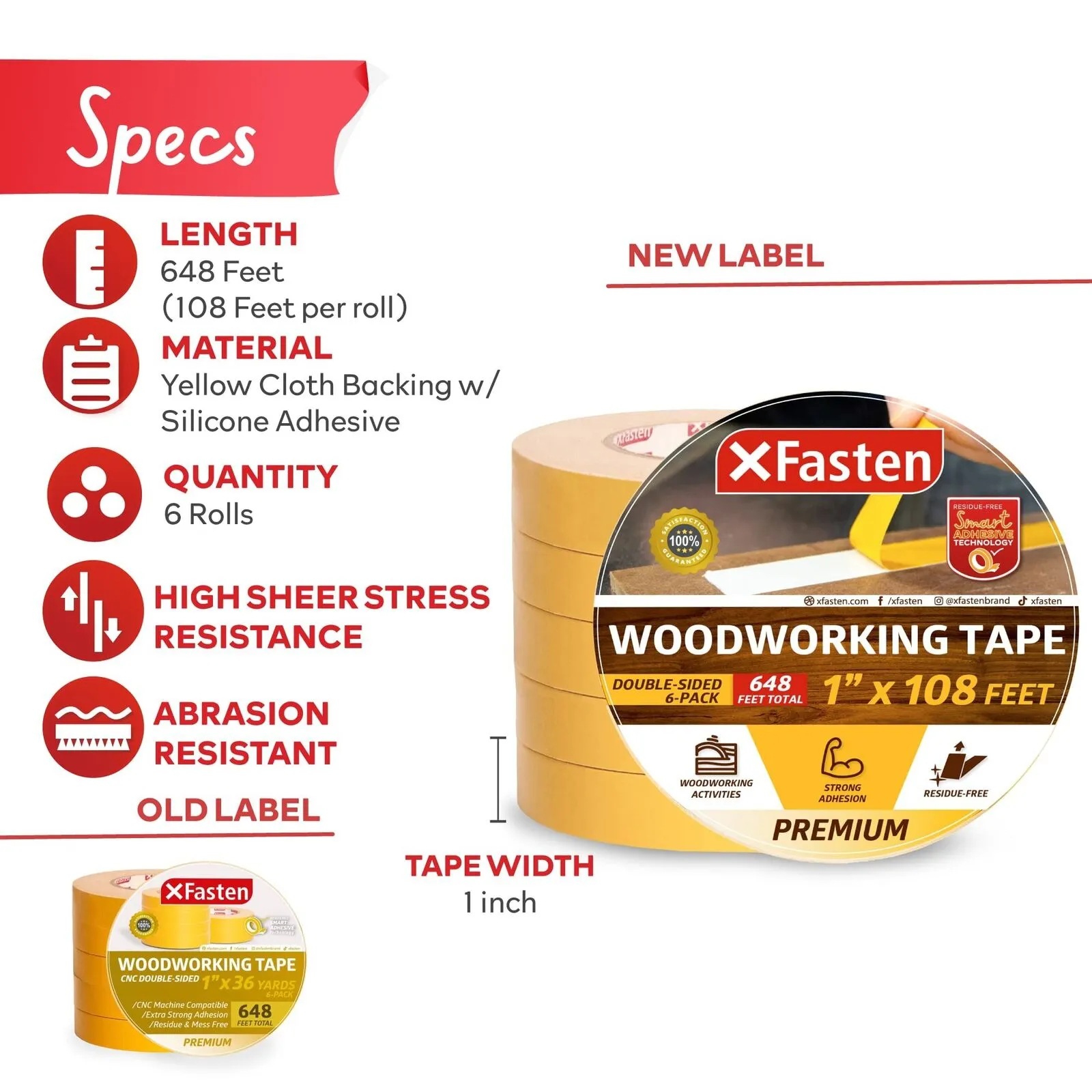 XFasten 1" x 108ft Double-Sided Woodworking Tape - 1 Roll