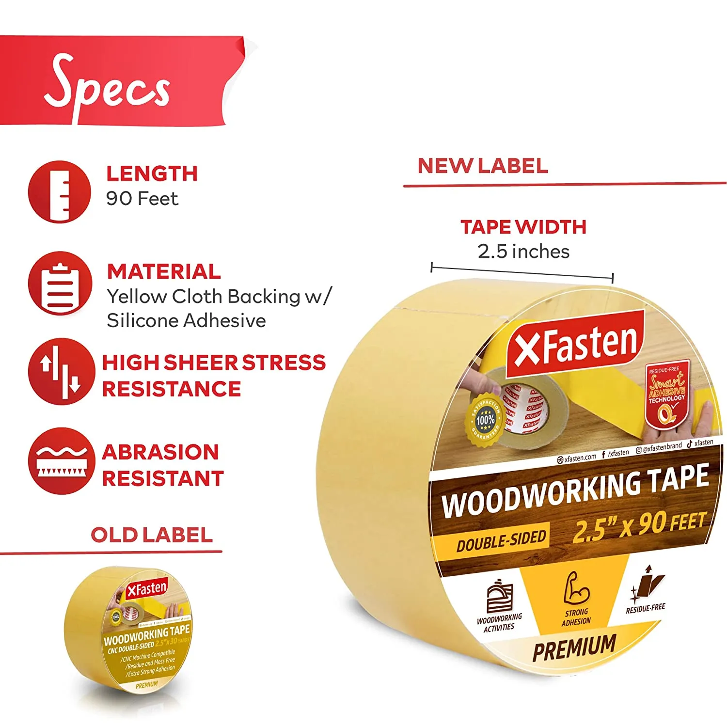 XFasten 2.5" x 90ft Double-Sided Woodworking Tape - 1 Roll
