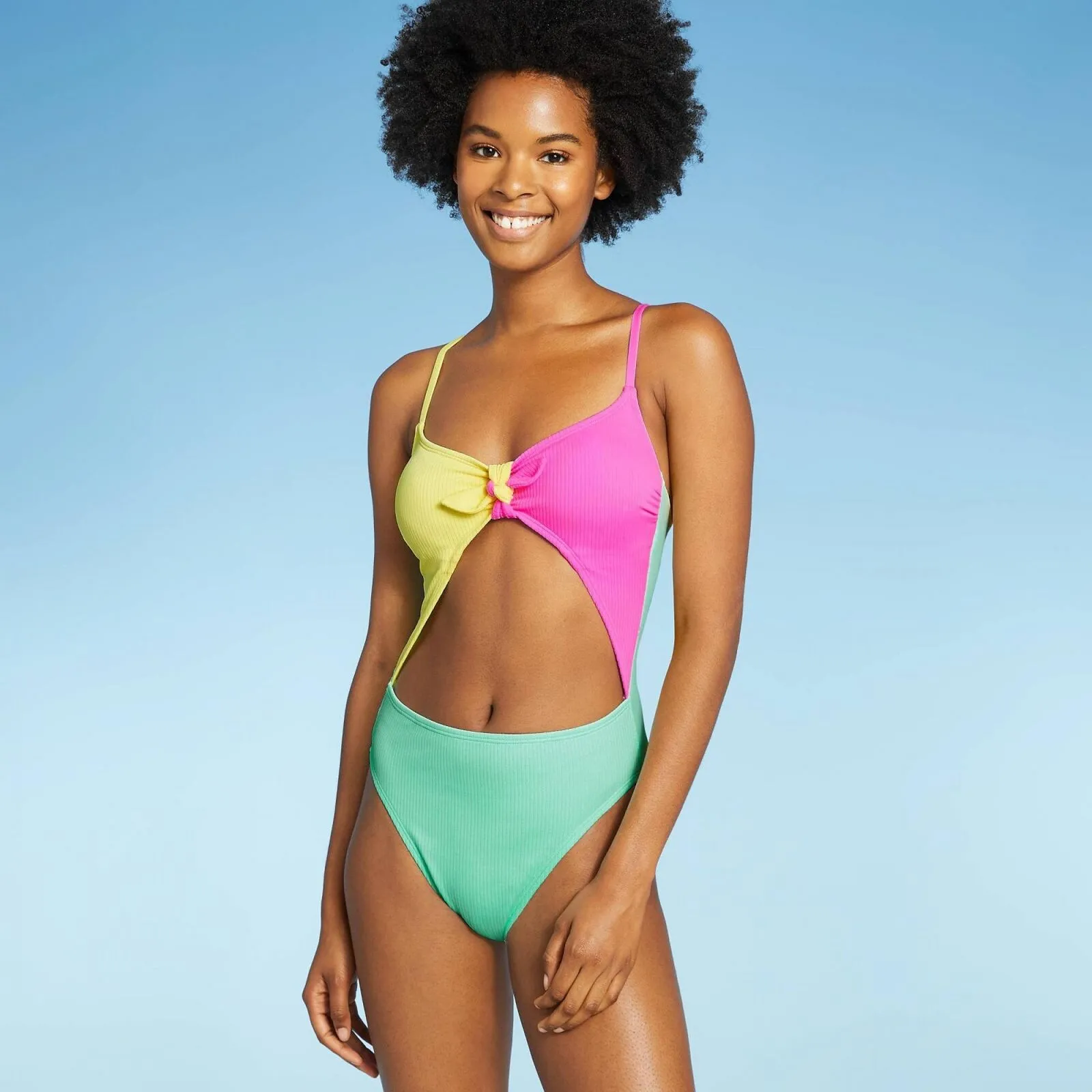 Xhilaration Juniors' Ribbed Colorblock Tie-Front One Piece Swimsuit Multi L